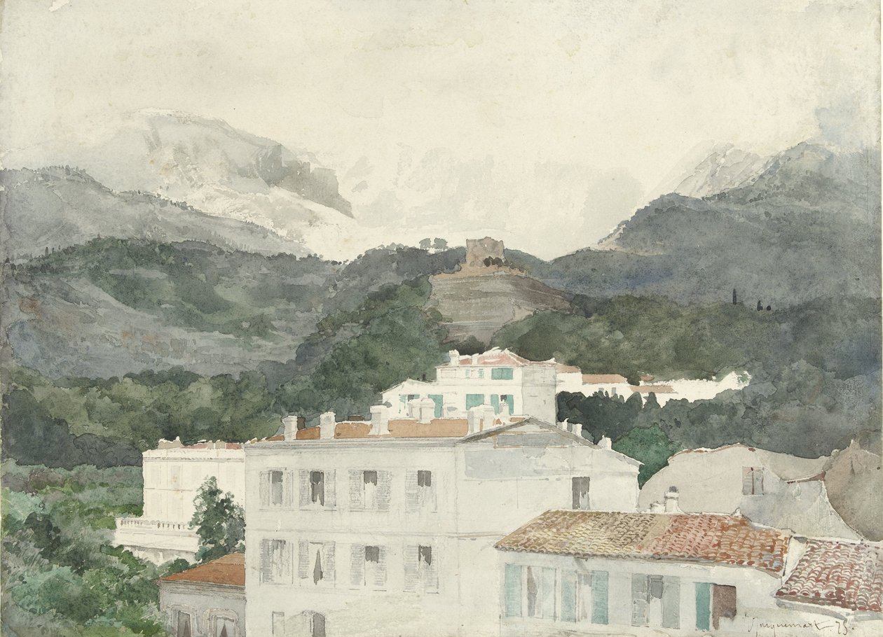Casas de campo ao pé das montanhas, altas montanhas à frente, La Turbie de Jules Ferdinand Jacquemart