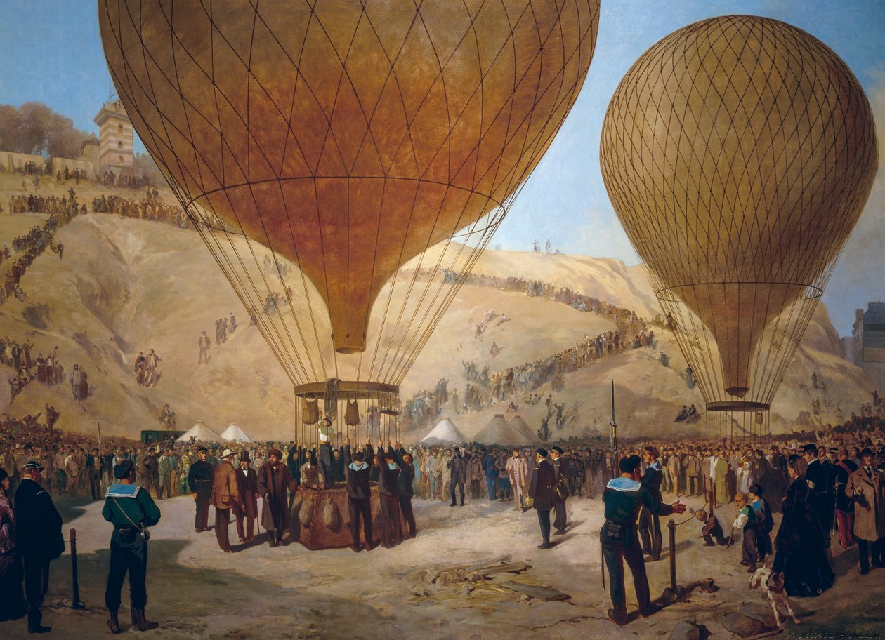 Leon Gambetta parte no balão de ar quente Armand-Barbes durante o cerco de Paris, da Place Saint-Pierre a Montmartre em 7 de outubro de Jules and Guiaud Jacques Didier