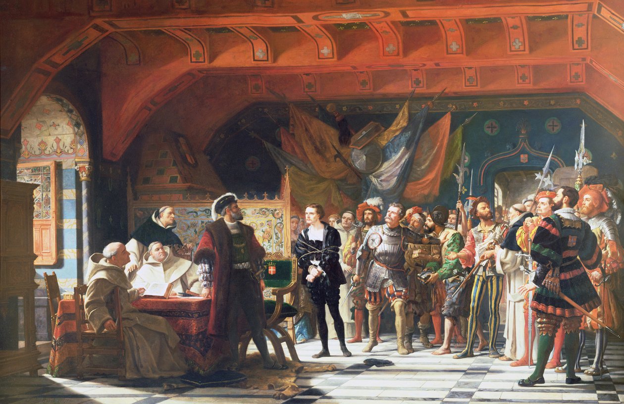 Francis de Bonnivard (1496-1570), o Prisioneiro de Chillon, levado perante o duque de Saboia em 1530, 1870 de Jules Hippolyte Ravel