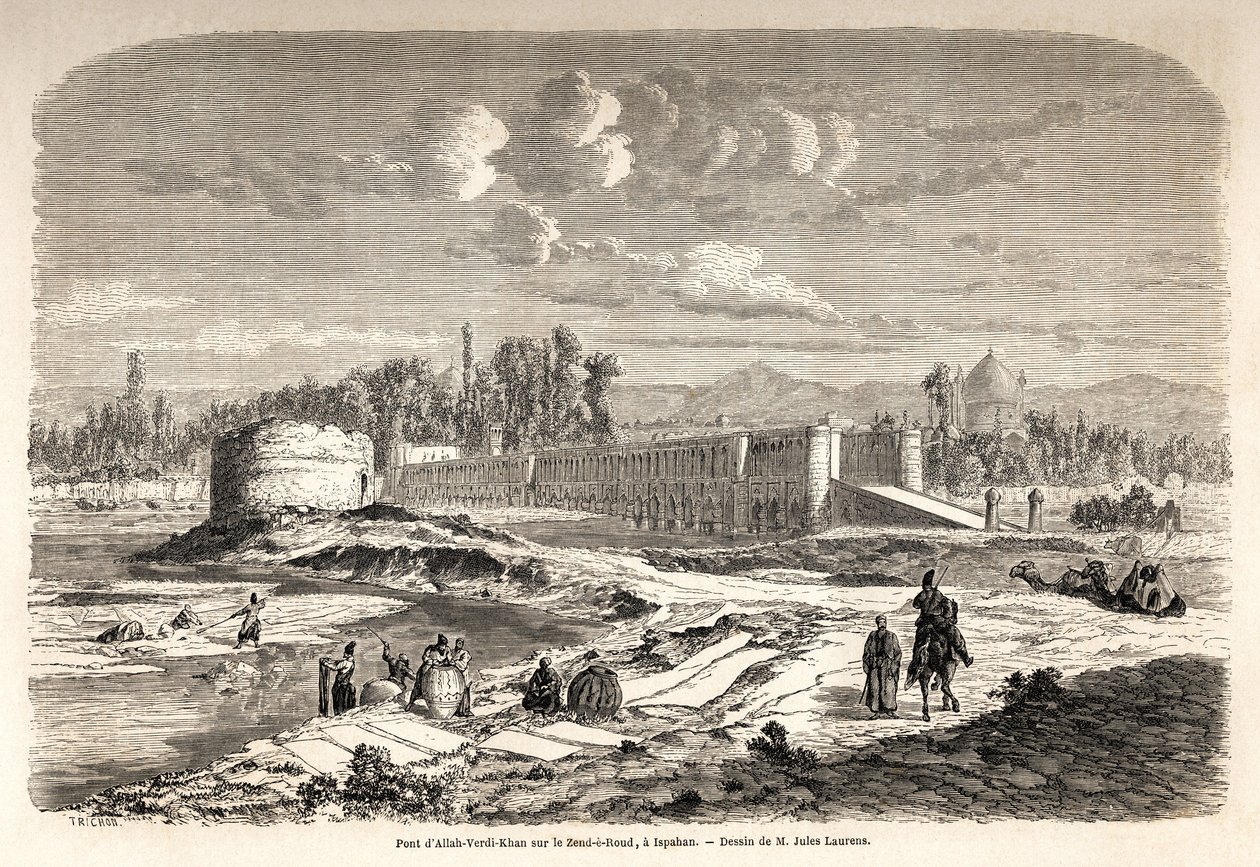 A ponte Allah Verdi Kahn, erige por volta de 1608, em Isfahan (ou Isfahan) (Irão), é tanto um ponto de passagem para atravessar o rio Zend e Roud, como também uma barragem para regular o curso do rio, com um Talar, ou quiosque de espelhos, onde o governant de Jules Joseph Augustin Laurens