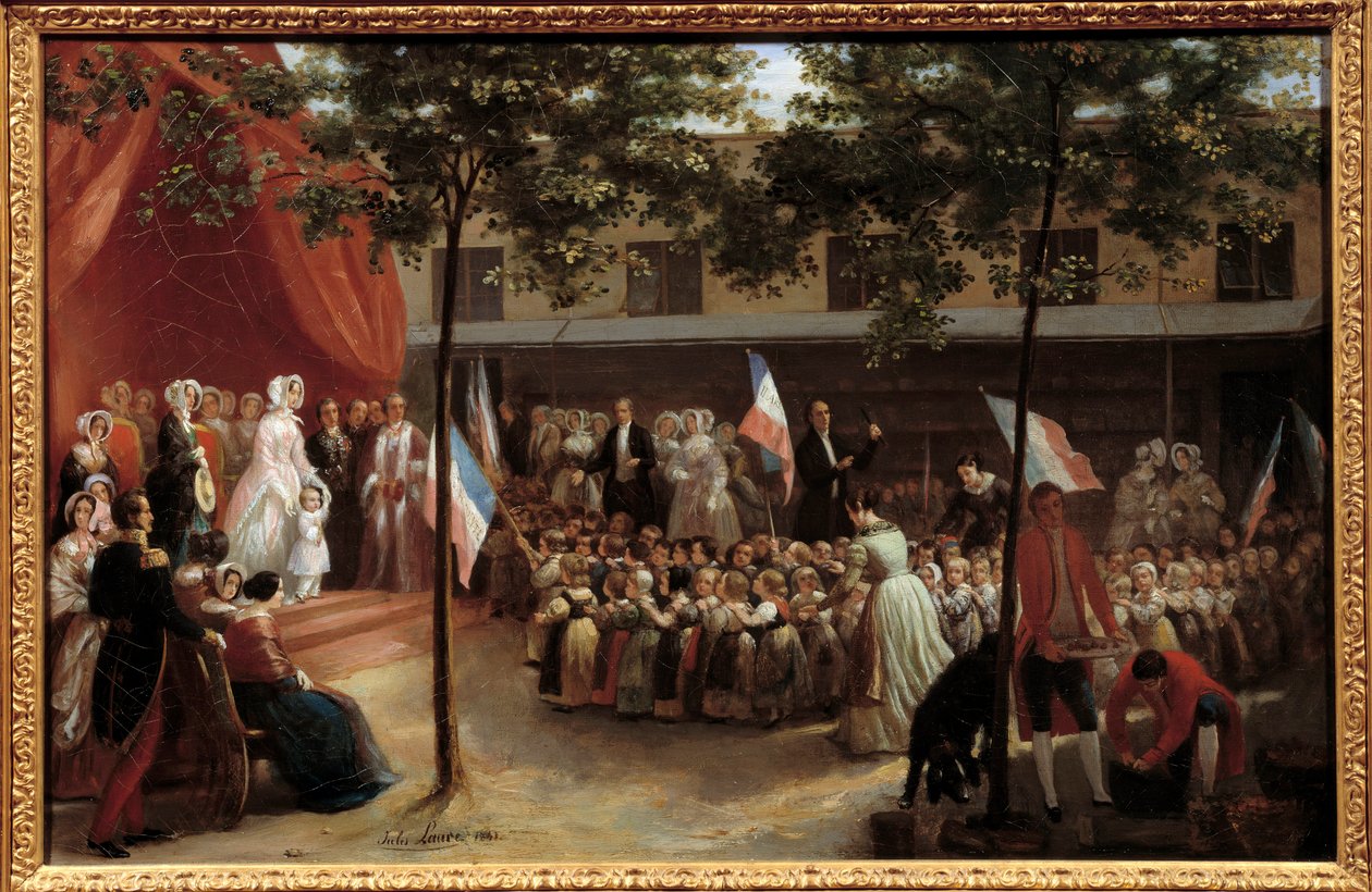 Helene-Louise de Mecklenburg-Schwerin, Duquesa de Orleans (1814-1858) e seu filho, o Conde de Paris (1838-1894), visitando um quarto de asilo parisiense (o da rue Saint Hippolyte?). Os dois protagonistas de um palco são apresentados com as crianças do char de Jules Laure