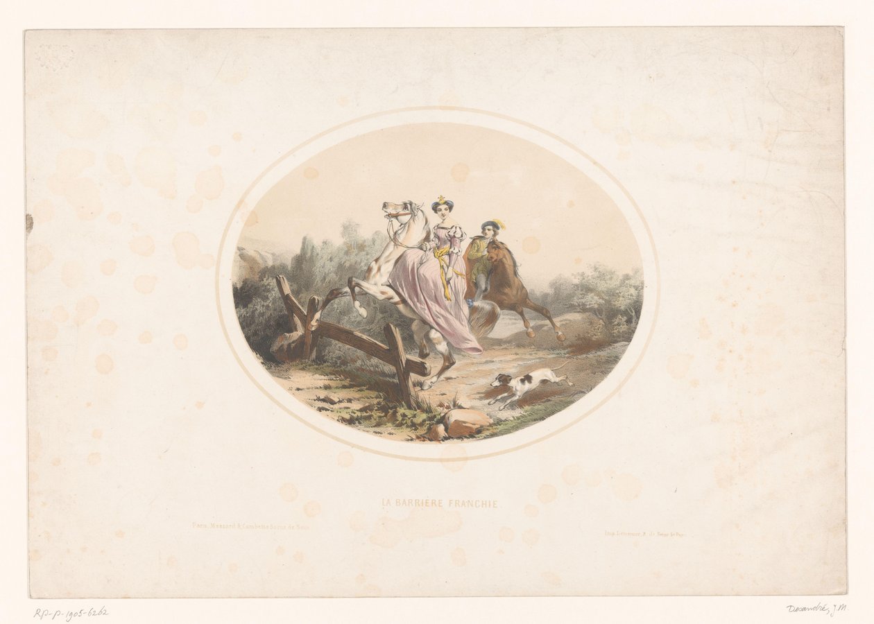 Nobre pula uma cerca com cavalo La Barrier Franchie (título no objeto) de Jules Marie Desandre