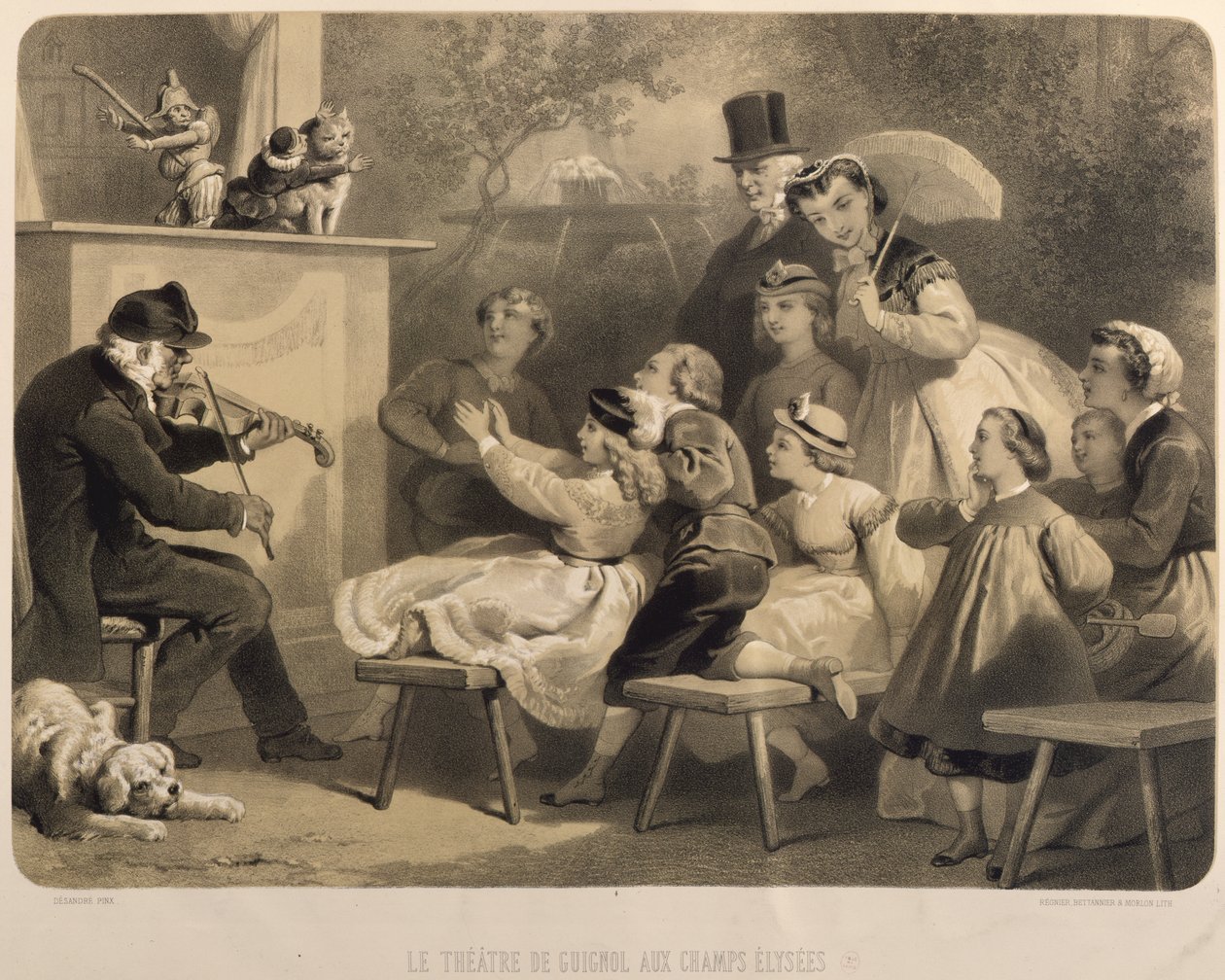 O Teatro Guignol, Champs-Elysees, gravado por Claude Regnier (fl.1840-66) Bettanier e Morion de Jules Marie Desandre