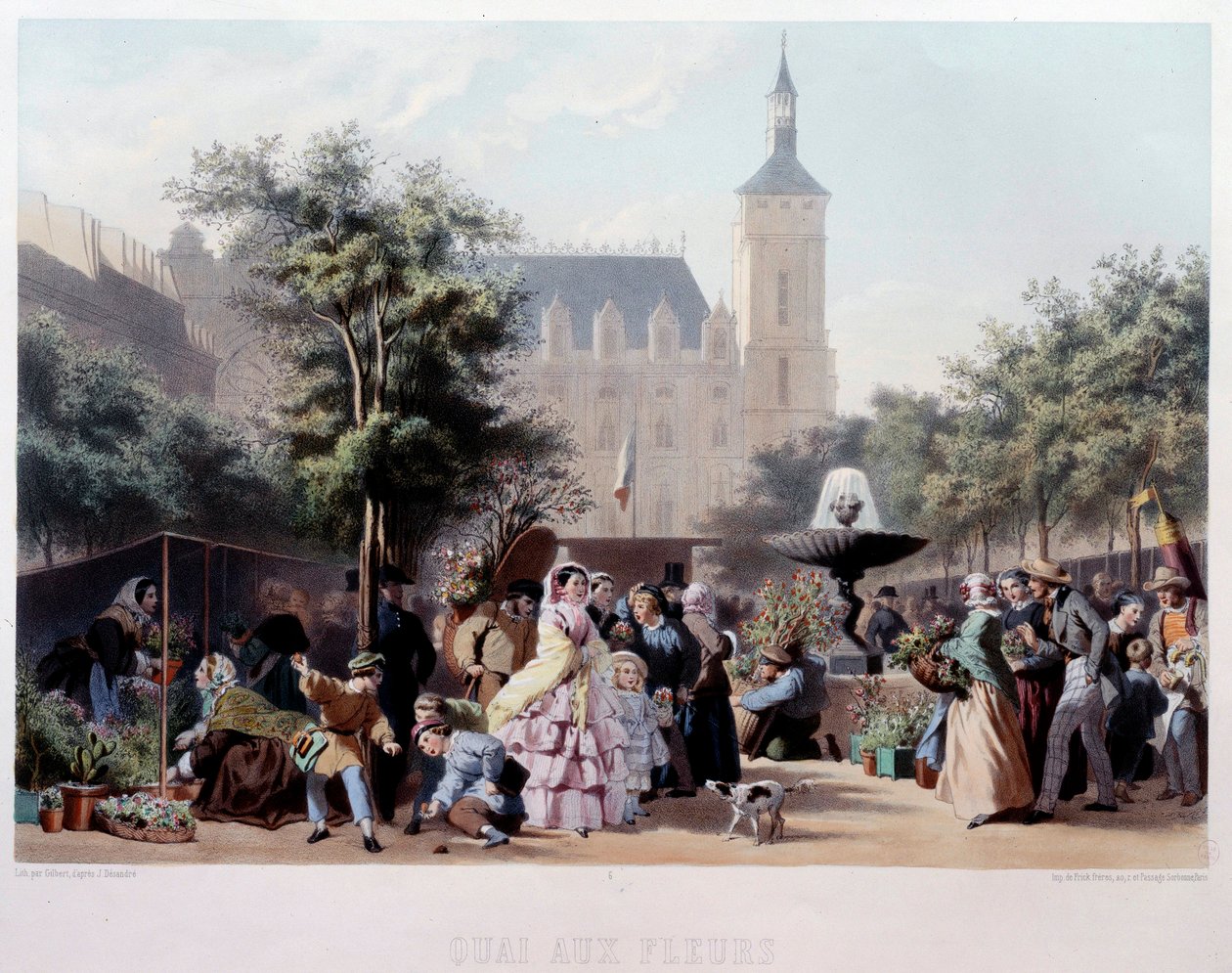 Vista do Quai aux Fleurs em Paris O passeio na Ile de la Cite. Litografia de Jules Marie Desandre (1845-?) Paris do século XIX, Musee Carnavalet de Jules Marie Desandre