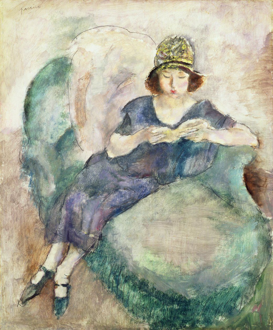 Menina na leitura azul em um sofá, 1926-27 de Jules Pascin