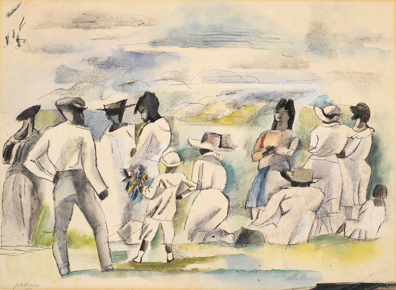 Grupo de figuras com menino segurando flores de Jules Pascin