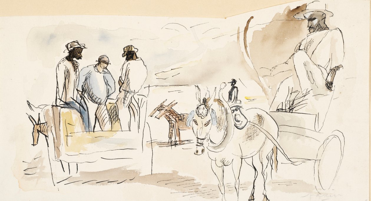Escravos e dois carrinhos (wc sobre papel) de Jules Pascin