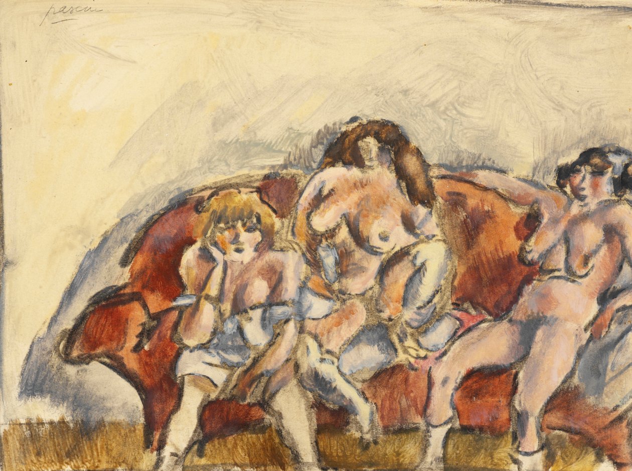 Três mulheres em um sofá vermelho (wc no papel) de Jules Pascin