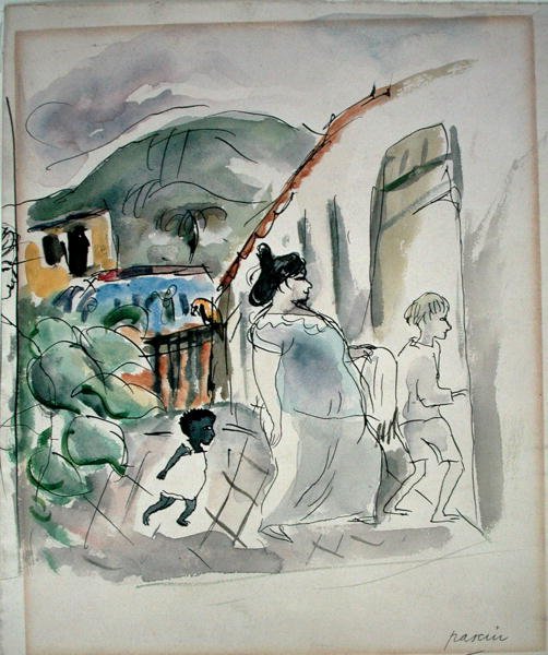 Mulher e Duas Crianças (aguarela sobre papel) de Jules Pascin