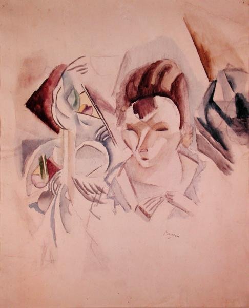 Mulher e natureza morta, c.1917 (aguarela e lápis sobre papel) de Jules Pascin