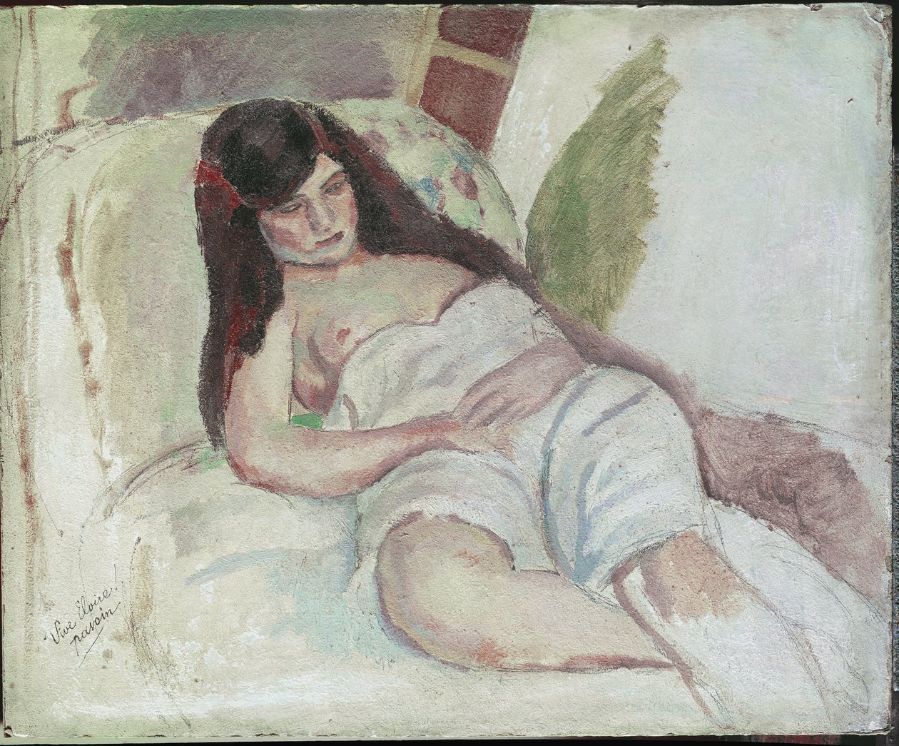 Mulher deitada (com a inscrição Vive Elvire). (óleo sobre madeira, século XX) de Jules Pascin