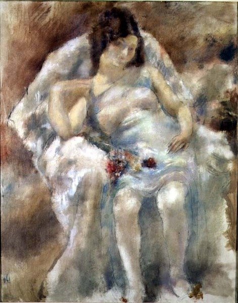 Jovem mulher sentada com flores de Jules Pascin