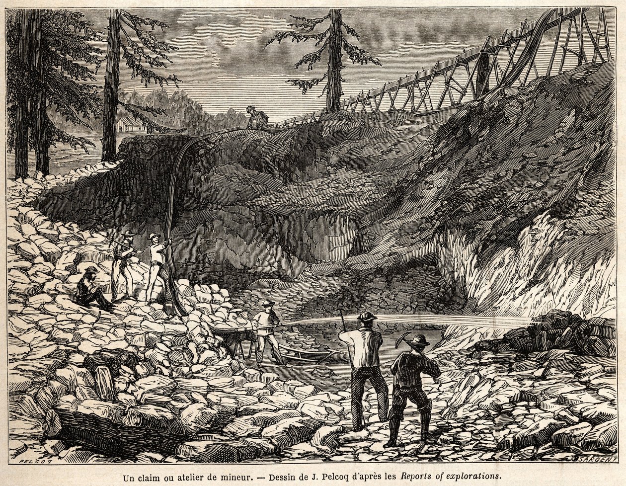 Uma reivindicação mineira ou oficina na Califórnia, desenho de Jules Pelcoq, para ilustrar a história da viagem do Barão de Wogan à Califórnia em 1850-1852. Gravação em "Le tour du monde, nouveau journal des voyages" Paris de Jules Pelcoq