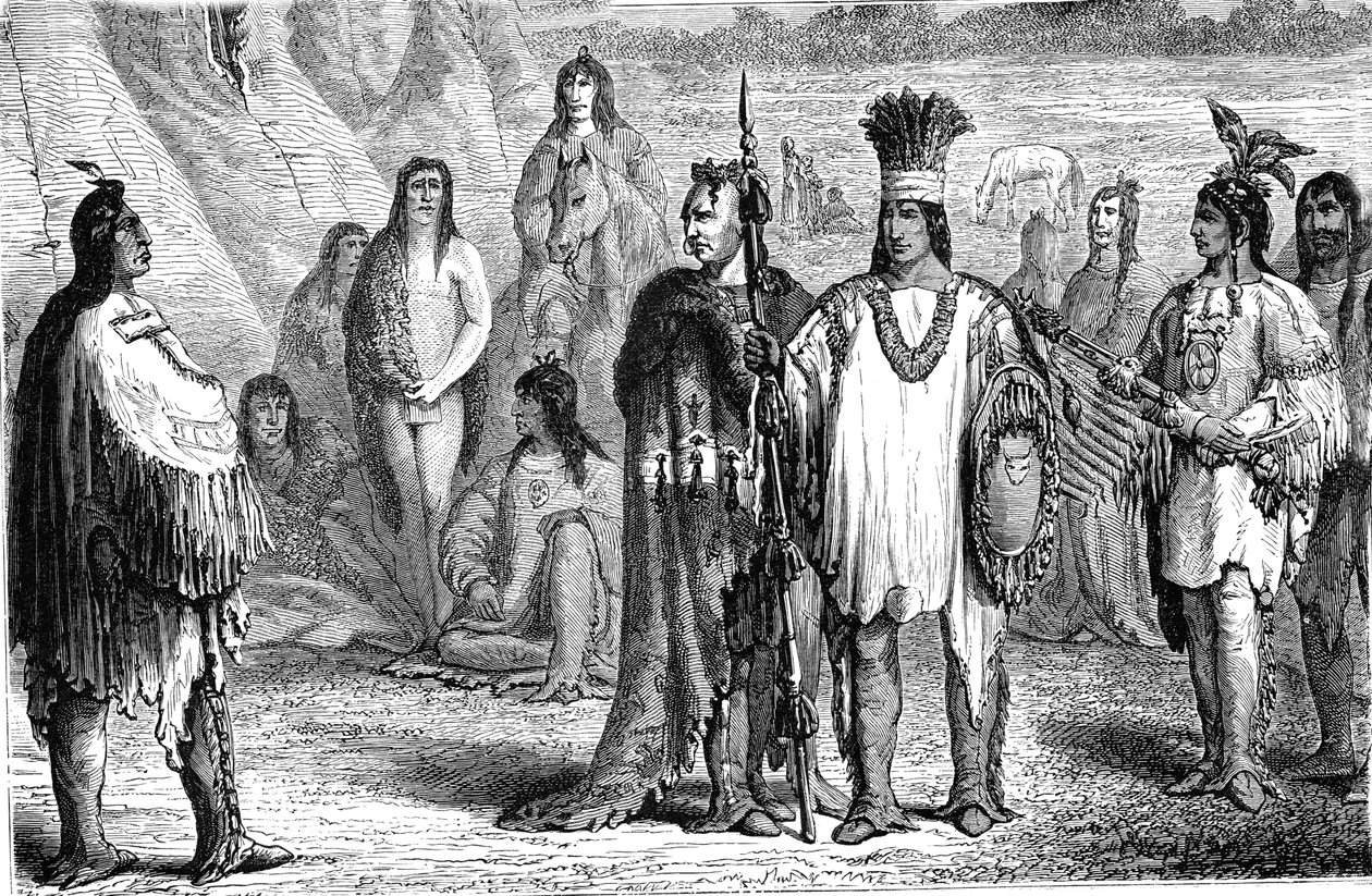Índios CREEKS, do Sudeste dos Estados Unidos. Gravura de 1885 de Jules Pelcoq