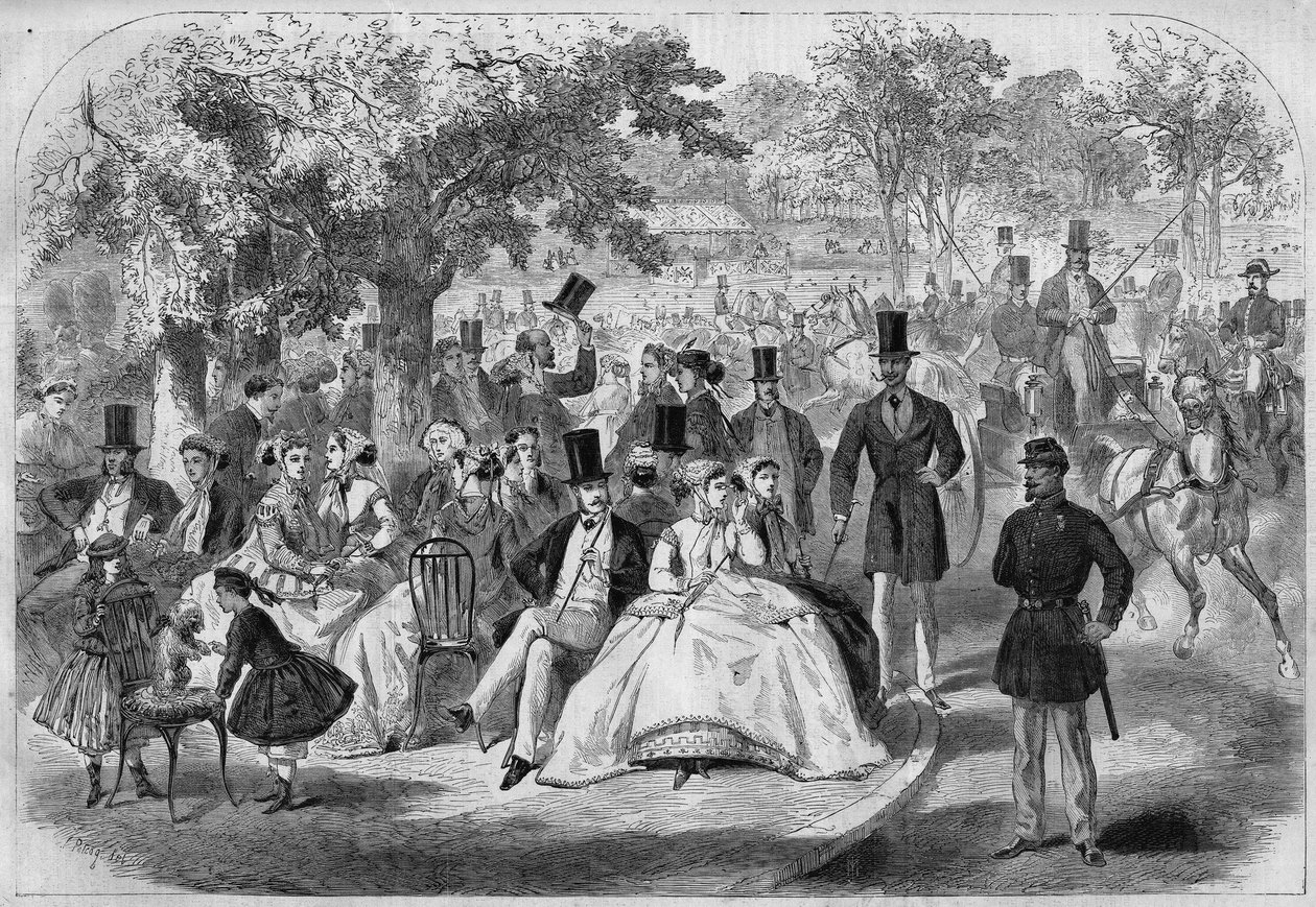 Uma tarde no Bois de Boulogne, no século XIX. Gravura depois de um desenho de Pelcoq. Em "L