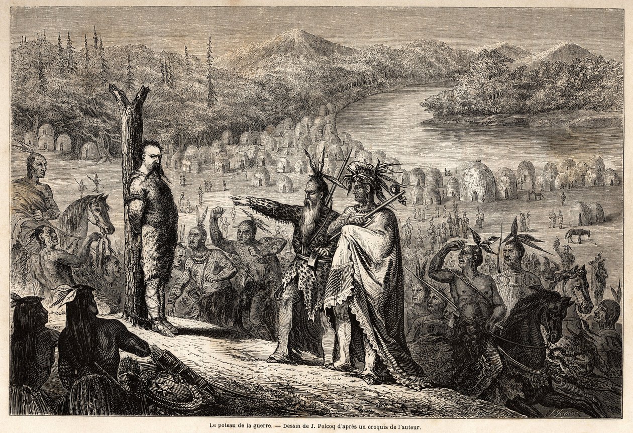O pólo de guerra, o Barão de Wogan capturado pelos índios da tribo Timpabaches, está localizado nas margens do San Juan, braço do rio Grande, desenho de Jules Pelcoq, para ilustrar a história da viagem do Barão de Wogan à Califórnia em 1850-185. de Jules Pelcoq