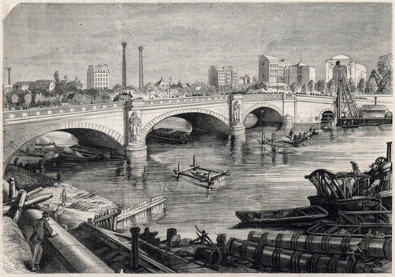 Transformações de Paris sob o Segundo Império, Haussmann Paris: obras realizadas em frente à ponte da Alma em Paris para a passagem do esgoto coletor no fundo do Sena. Desenho de Jules Pelcoq. Gravura em "" A União Ilustrada de Jules Pelcoq