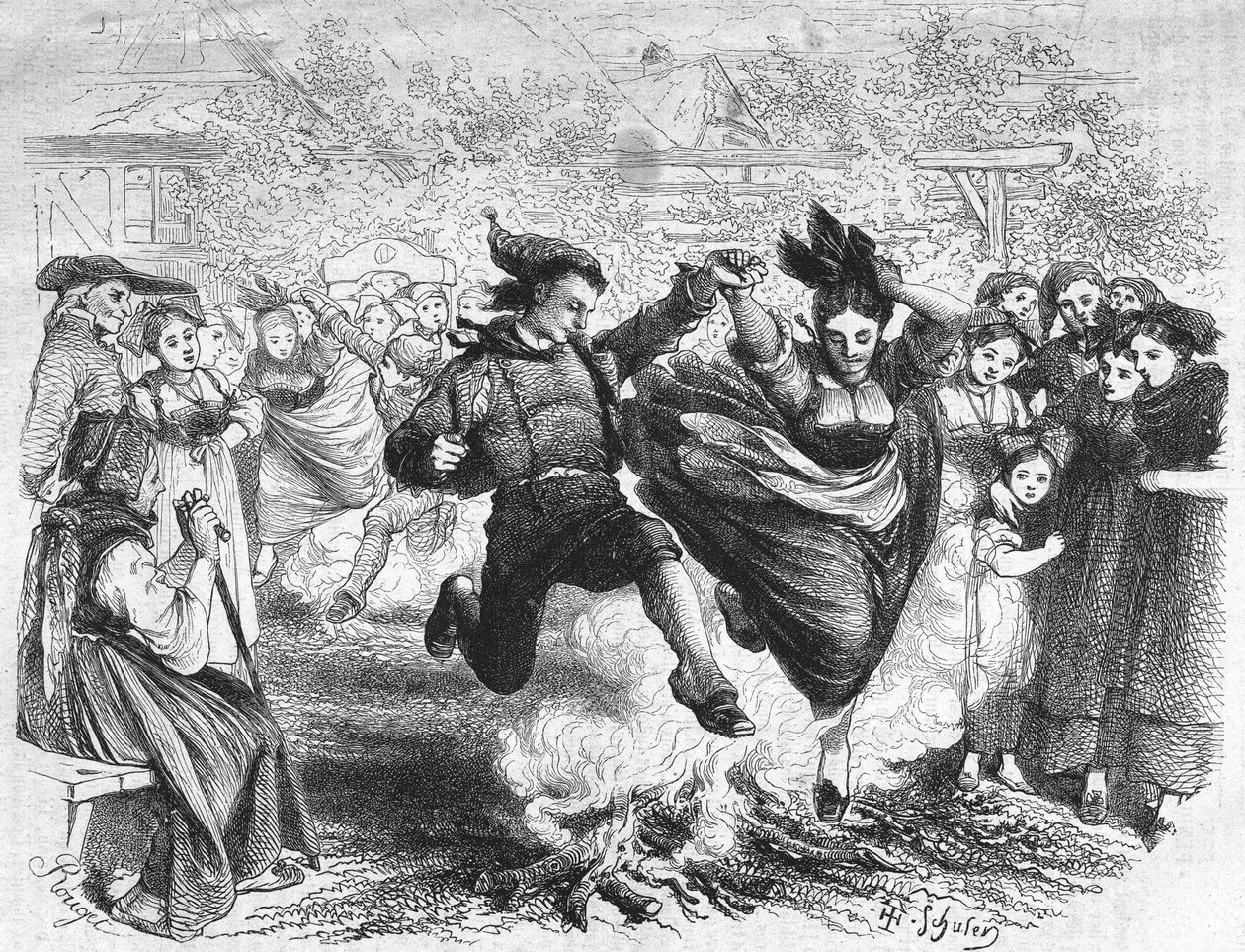 O incêndio de São João na Alsácia, em meados do século XIX. Gravura após o desenho do TH. Schuler. de Jules Theophile (after) Schuler