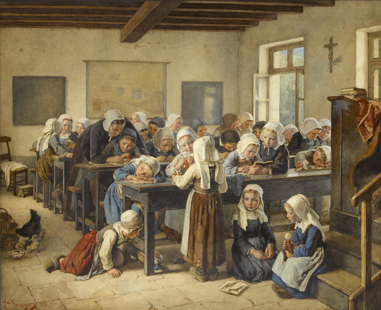 Uma escola de meninas bretãs, 1882. de Jules Trayer