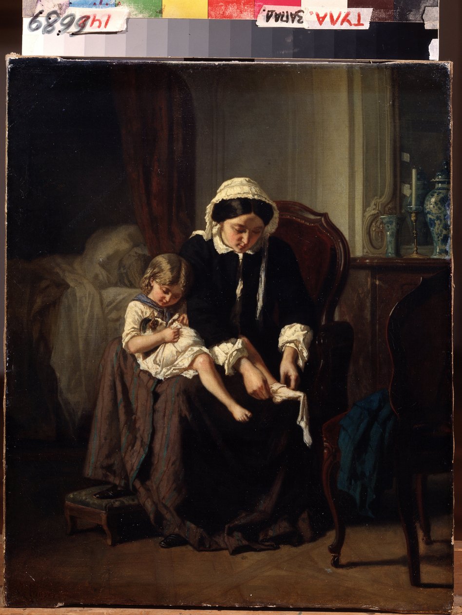 O banheiro da manhã (banheiro da manhã). Uma mãe (ou serva?) ajuda a criança a se vestir. Pintura de Jules Treyer (1824-1908). Óleo sobre tela, 47 x 39 cm de Jules Treyer