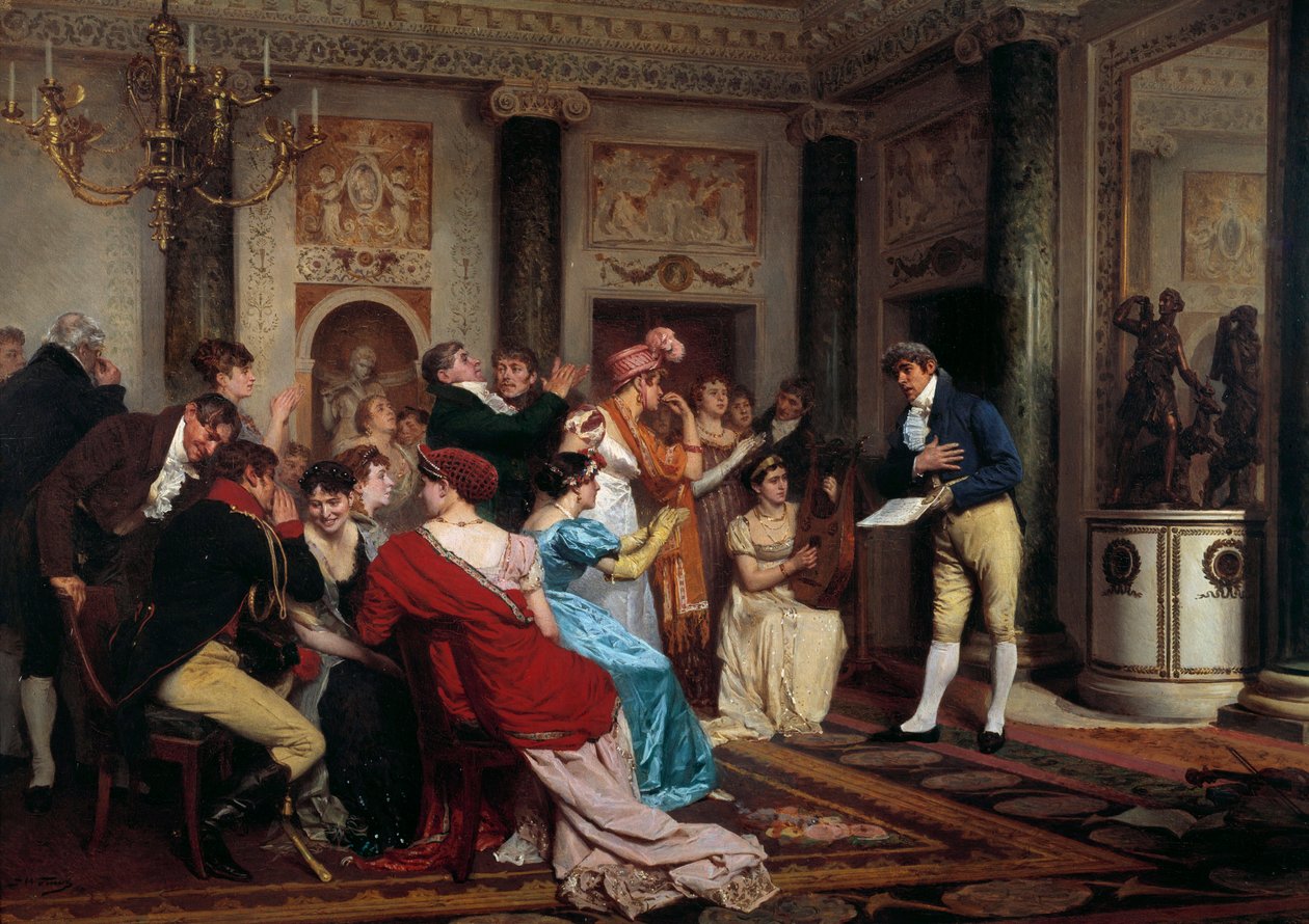 Romance está na moda Ler uma peça de teatro em um salão parisiense. (Salon Litteraire) Pintura de Jules Worms (1832-1914) Paris do século XIX, Palais du Luxembourg de Jules Worms