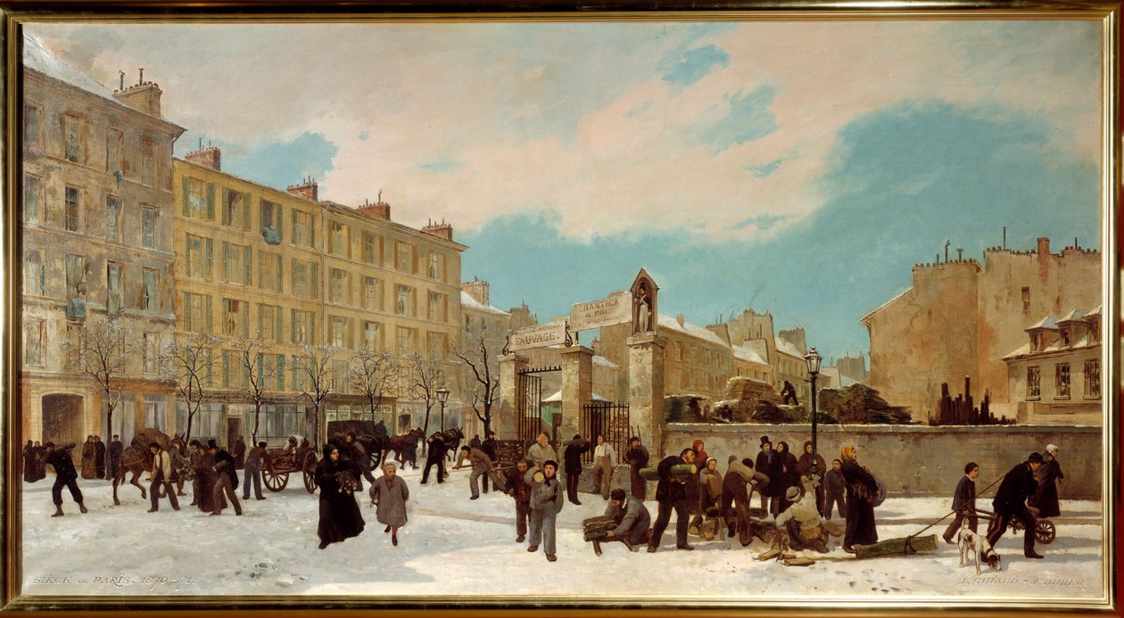 Canteiro de obras de madeira no boulevard du Montparnasse em janeiro de 1871 - Cena de rua em Paris - Pintura de Jules Didier (1831-1892) e Jacques Guiaud (1811-1876) de Jules and Guiaud Jacques  Didier