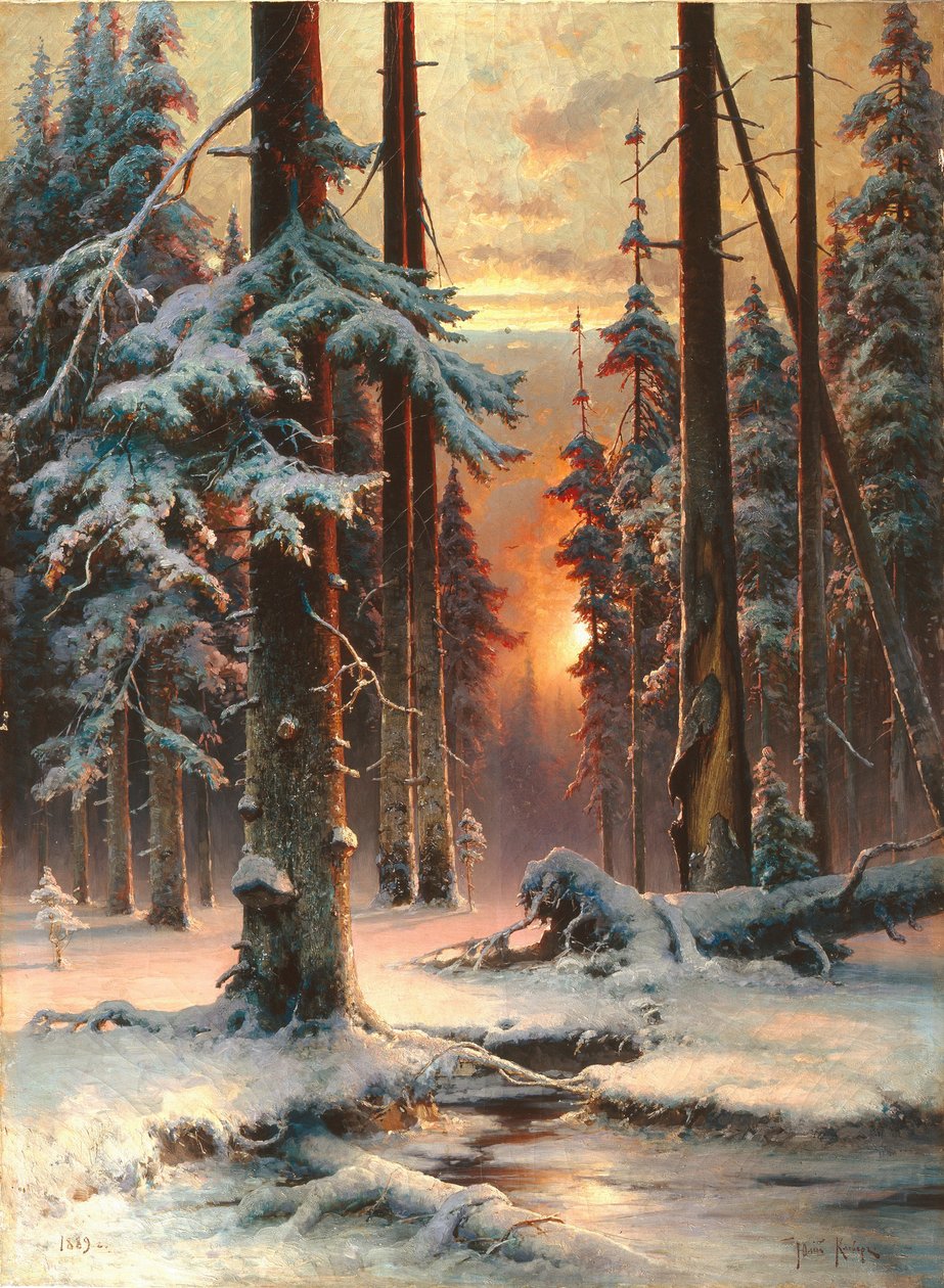 Pôr do sol de inverno na floresta de abetos, 1889 de Juli Julievich Klever