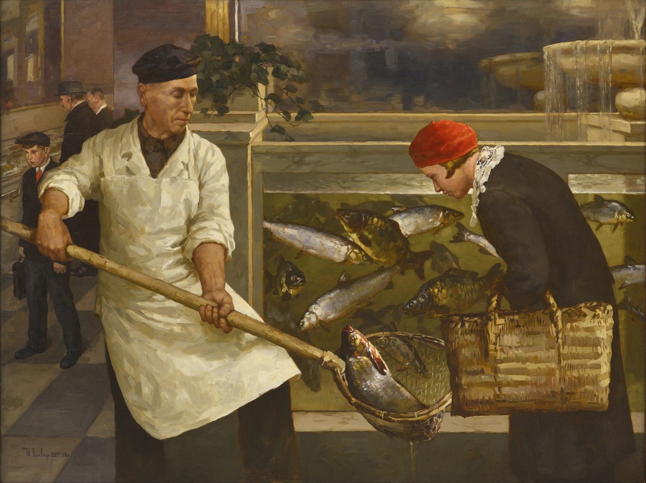 Em uma peixaria par Klever, Juli Julievich, o Jovem (1882-1942). Óleo sobre tela, tamanho: 130x176 de Juli Julievich the Younger Klever