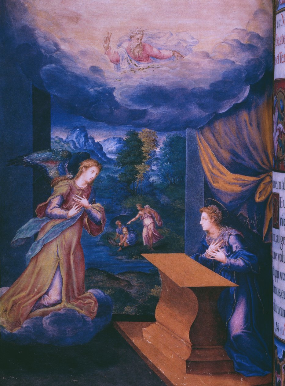 Fol.5v, Anunciação, de um fac-símile do breviário do rei Filipe II de Espanha, 1569 (pergaminho) de Julian and Leon, Andres de Fuente del Saz