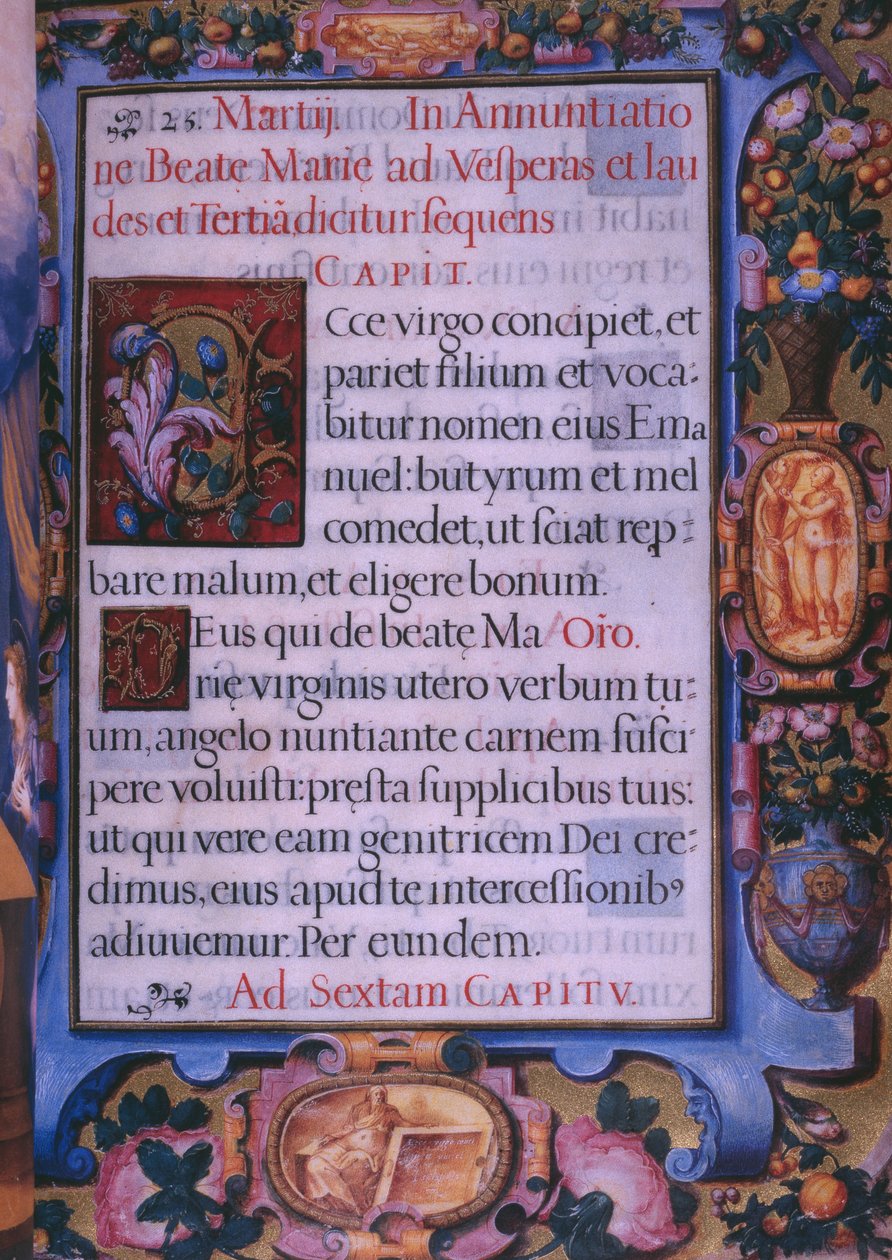Fol.6r, página inteira do capítulo 5 da Anunciação, de um fac-símile do breviário do rei Filipe II de Espanha, 1569 (pergaminho) de Julian and Leon, Andres de Fuente del Saz