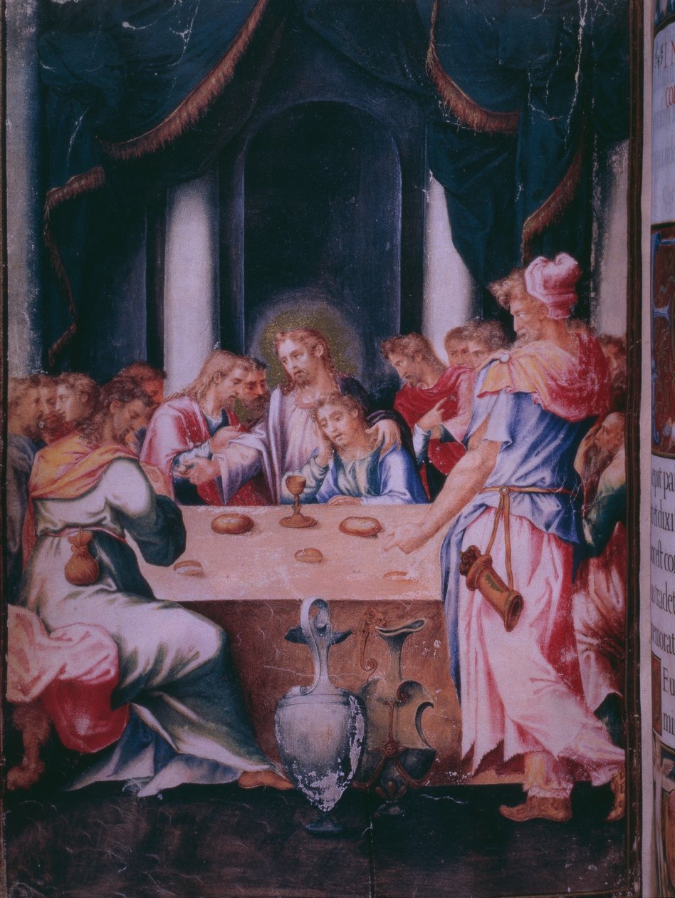 Última Ceia, de um fac-símile do Breviário do Rei Filipe II de Espanha, 1569 (pergaminho) de Julian and Leon, Andres de Fuente del Saz