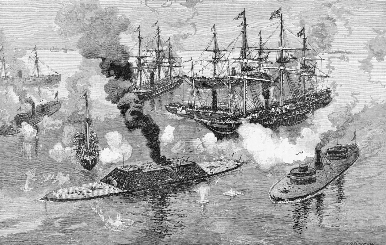 Rendição do &39;Tennessee&39;, Batalha de Mobile Bay, ilustração de &39;Batalhas e Líderes da Guerra Civil&39;, editada por Robert Underwood Johnson e Clarence Clough Buel de Julian Oliver Davidson