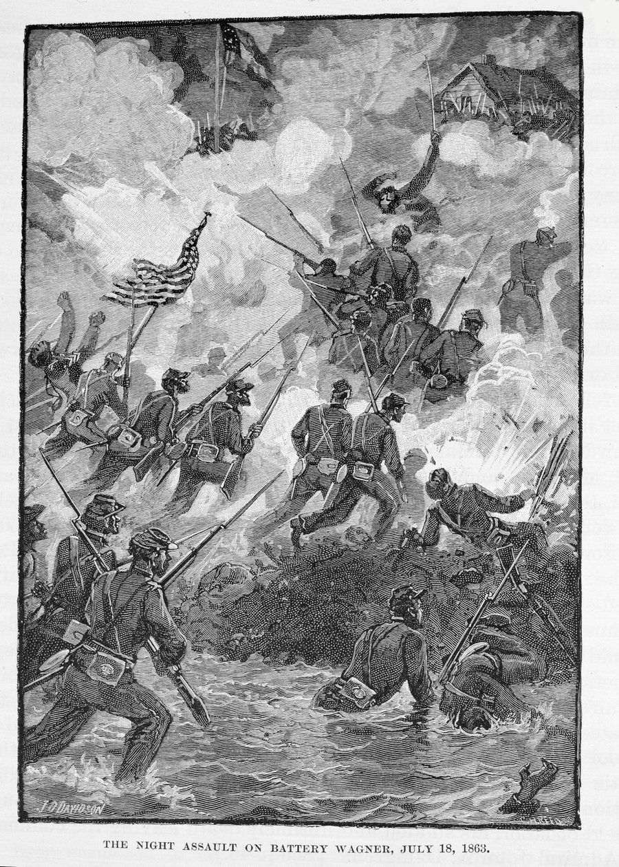 O Assalto Noturno em Battery Wagner, 18 de julho de 1863, gravado por CH Reed, ilustração de "Batalhas e Líderes da Guerra Civil", editada por Robert Underwood Johnson e Clarence Clough Buel de Julian Oliver Davidson