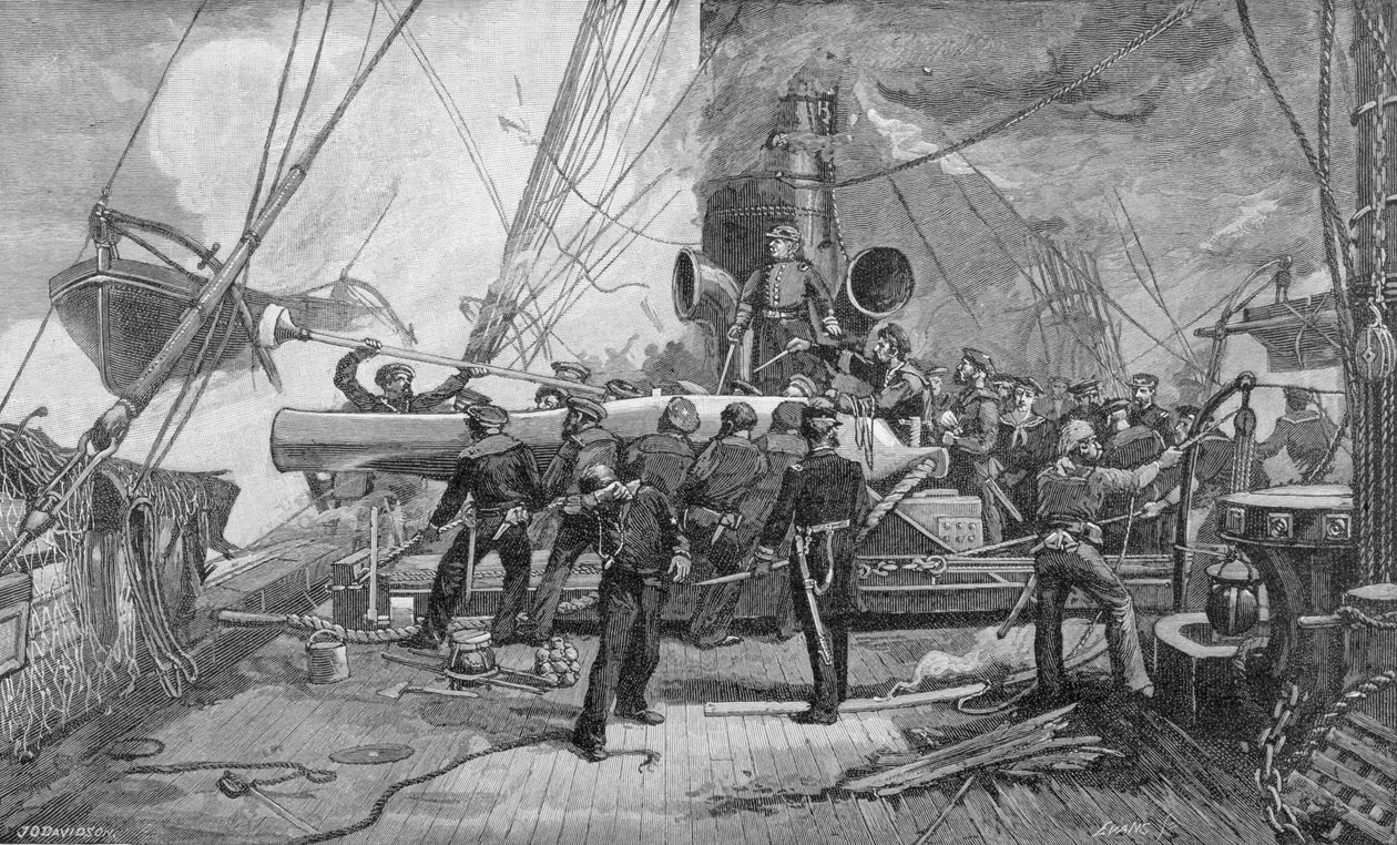 A metralhadora dianteira de onze polegadas no &39;Kearsarge&39; em ação, gravada por John William Evans (n.1855), ilustração de &39;Batalhas e Líderes da Guerra Civil&39;, editada por Robert Underwood Johnson e de Julian Oliver Davidson
