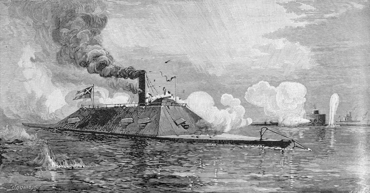 O monitor &39;Weehawken&39; capturando o carneiro confederado de ferro &39;Atlanta&39; (formalmente o corredor de bloqueio &39;Fingal&39;) Wassaw Sound, Geórgia, 17 de junho de 1863, gravado por Allen Irwin, ilustração de &39;Bat de Julian Oliver Davidson