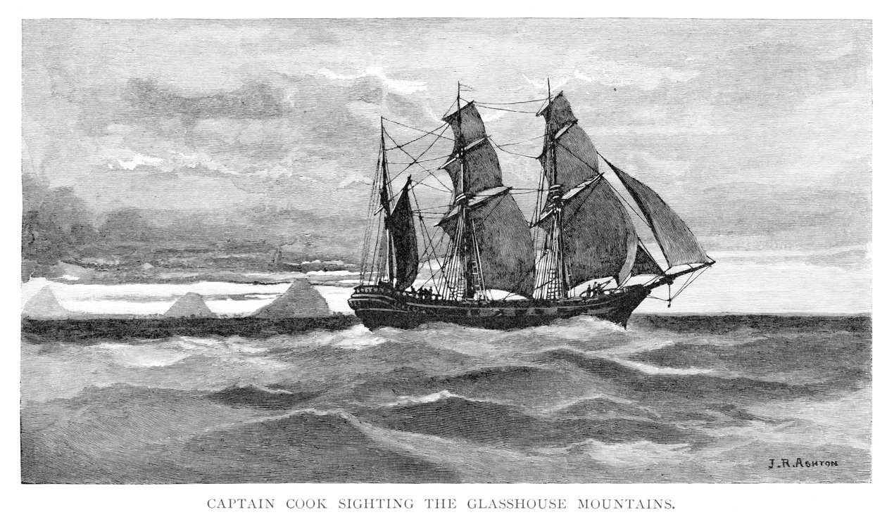 Capitão Cook avistando as Montanhas Glasshouse, 1770, Queensland, Austrália, 1886. de Julian Ashton