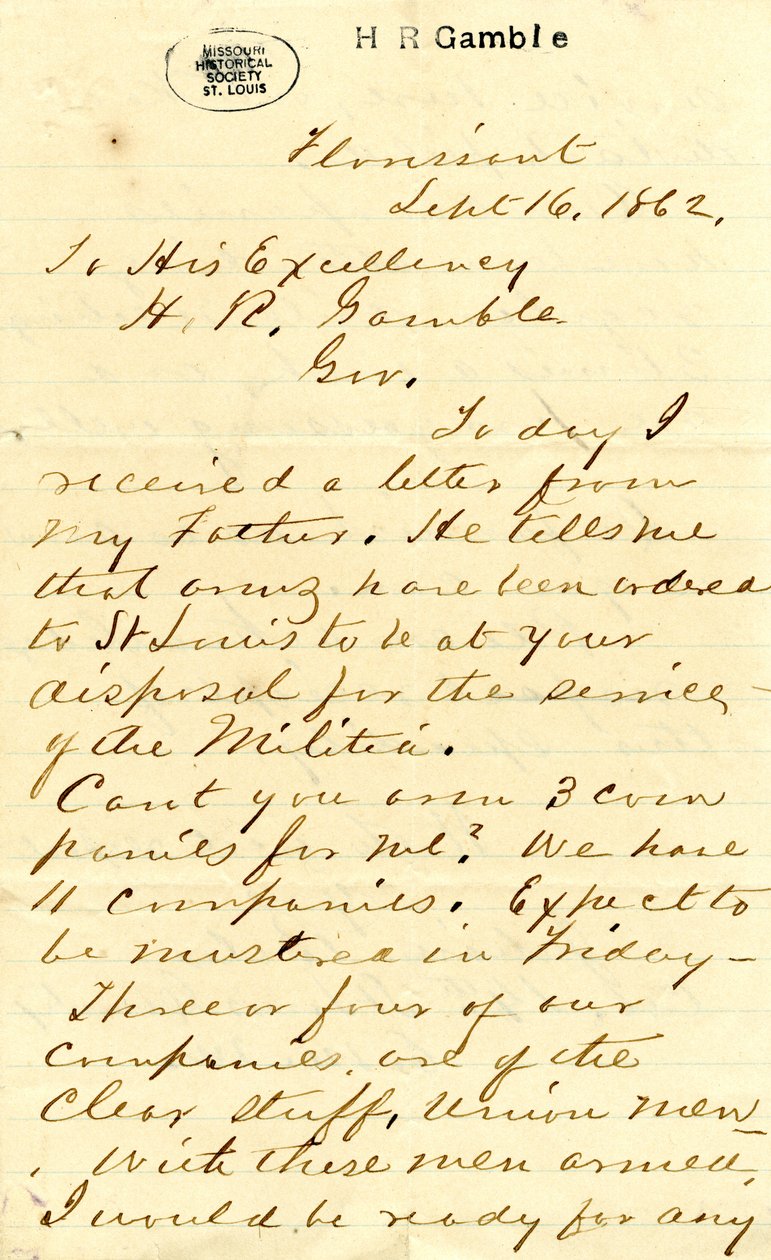 Carta assinada por Julian Bates, Florissant, a Sua Excelência H.R. Gamble, 16 de Setembro de 1862 de Julian Bates