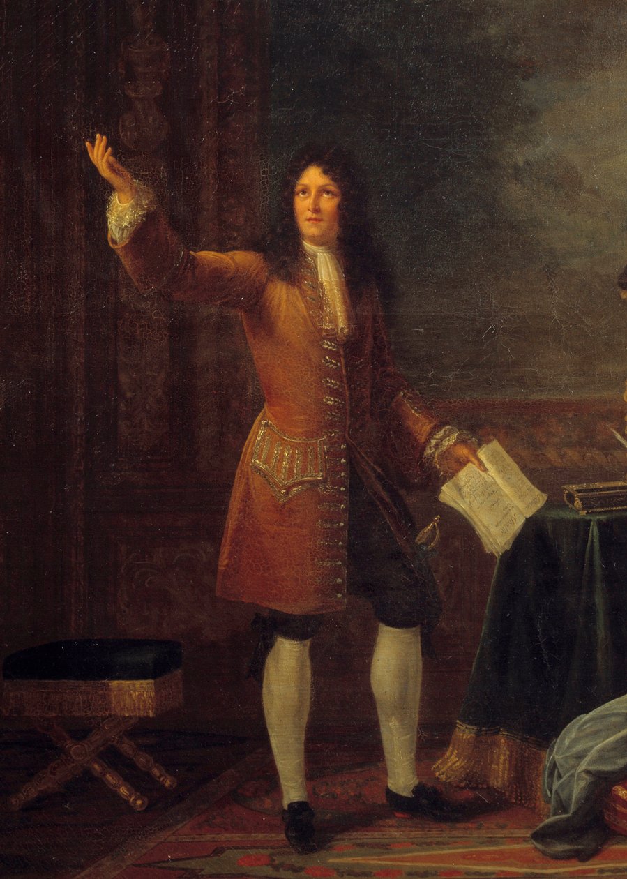 Jean Racine (1639-1699) lendo a sua peça em frente ao Rei de França. Detalhe do quadro "Jean Racine (1639-1699) lendo "Athalie" antes de Luís XIV (1638-1715) e Françoise d