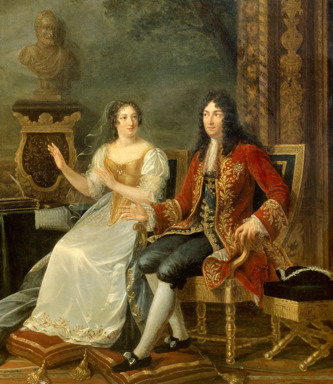 Rei de França Luís XIV com Madame de Maintenon. Detalhe do quadro "Jean Racine (1639-1699) lendo "Athalie" antes de Louis XIV (1638-1715) e Françoise d