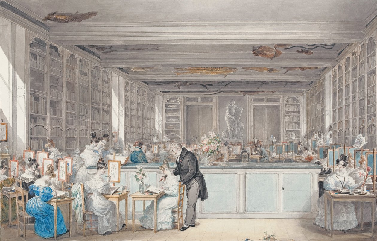 Escola de Desenho Botânico de Pierre-Joseph Redouté na Sala de Buffon no Jardim das Plantas, 1830 (wc e grafite sobre papel) de Julie Ribault