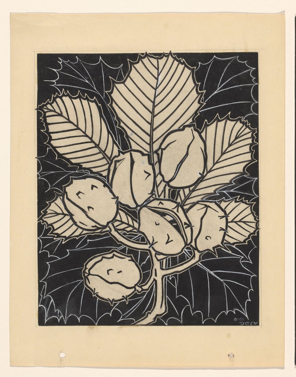 Folha de uma castanha com frutos de Julie de Graag (signed by artist)