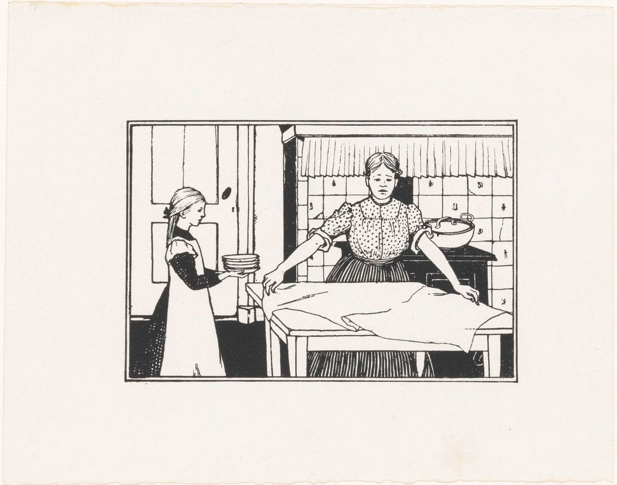 Mulher e rapariga põem uma mesa de Julie de Graag