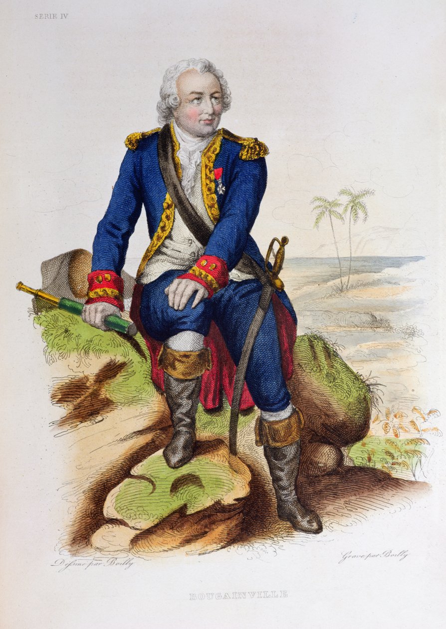 Louis Antoine de Bougainville (1729-1811), sentado em uma pedra, ilustração de "O francês Plutarco", de Edouard Mennechet, Paris, 1835 (gravura a cores) de Julien Leopold Boilly