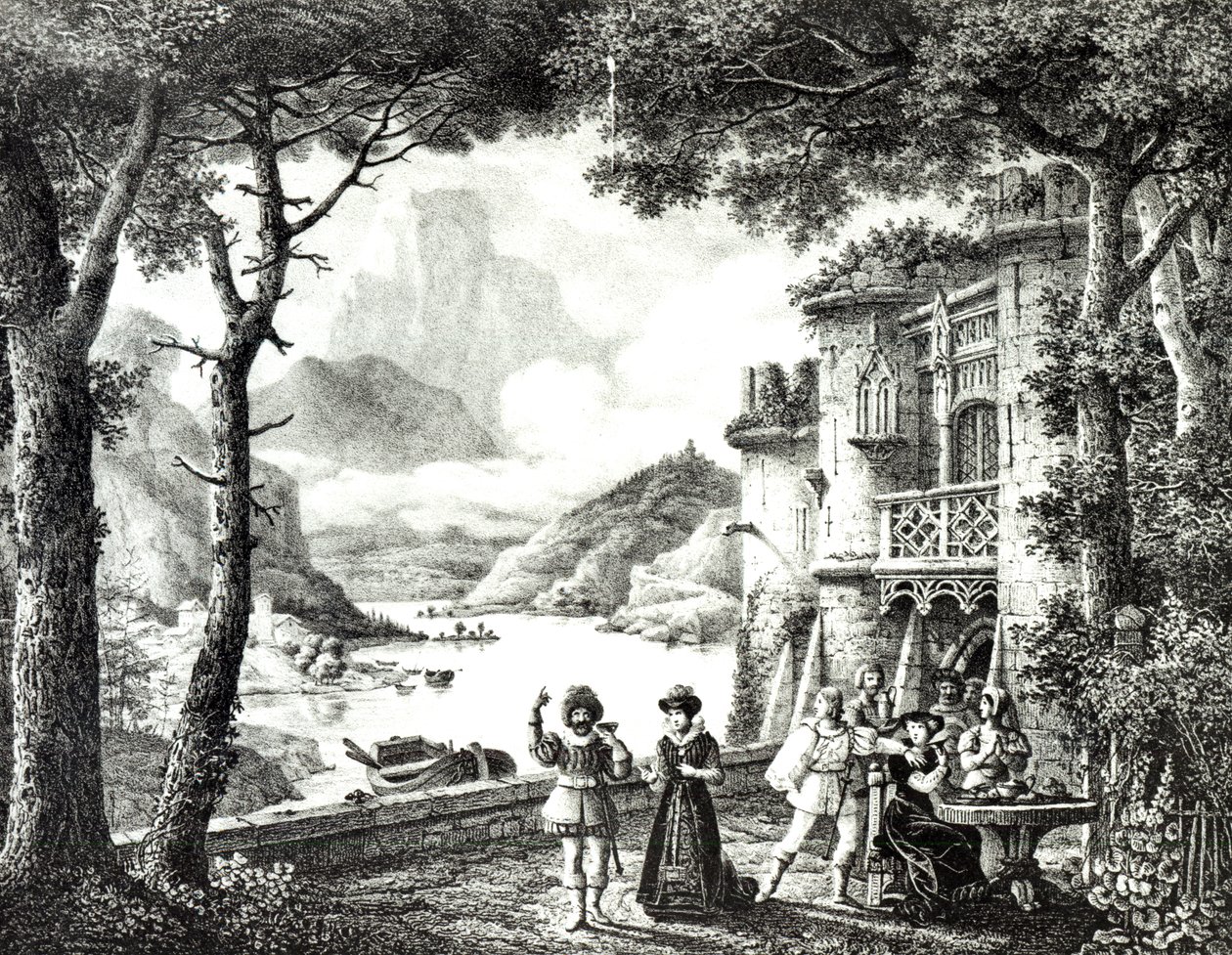 Palco do ato III de Le Chateau de Loch-Leven, de Guilbert de Pixerecourt, para uma apresentação no Theatre de la Gaite, em 3 de dezembro de 1822 de Julien Michel Gue