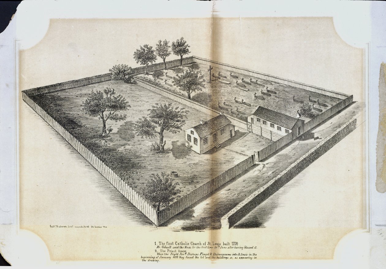 A primeira igreja católica em St. Louis construiu 1770. O Sr. Gibault disse a Missa pela primeira vez 24 de junho depois de ter abençoado de Julius Hutawa Co.