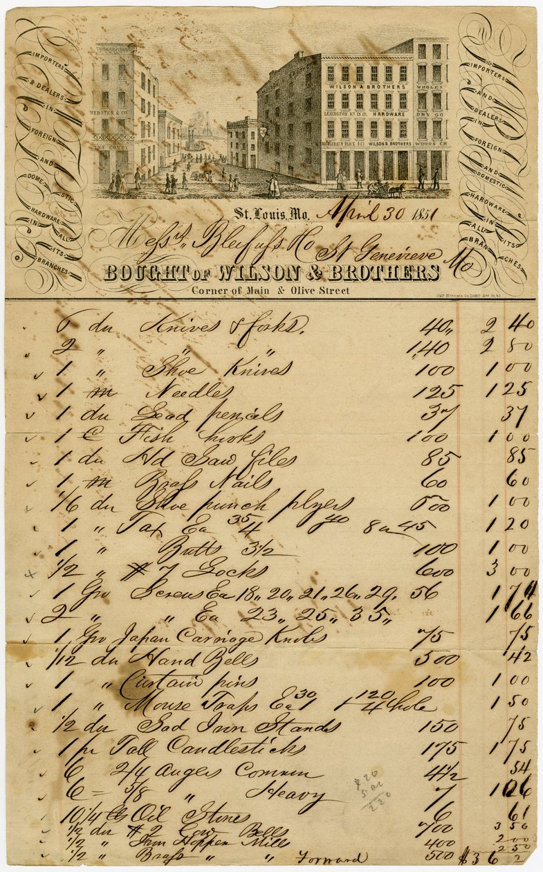 Papel timbrado é uma gravura de uma cena do centro de St. Louis em Main e Olive. Wilson e Brothers eram importadores e distribuidores de hardware estrangeiro e doméstico em todas as suas filiais de Julius Hutawa Co.