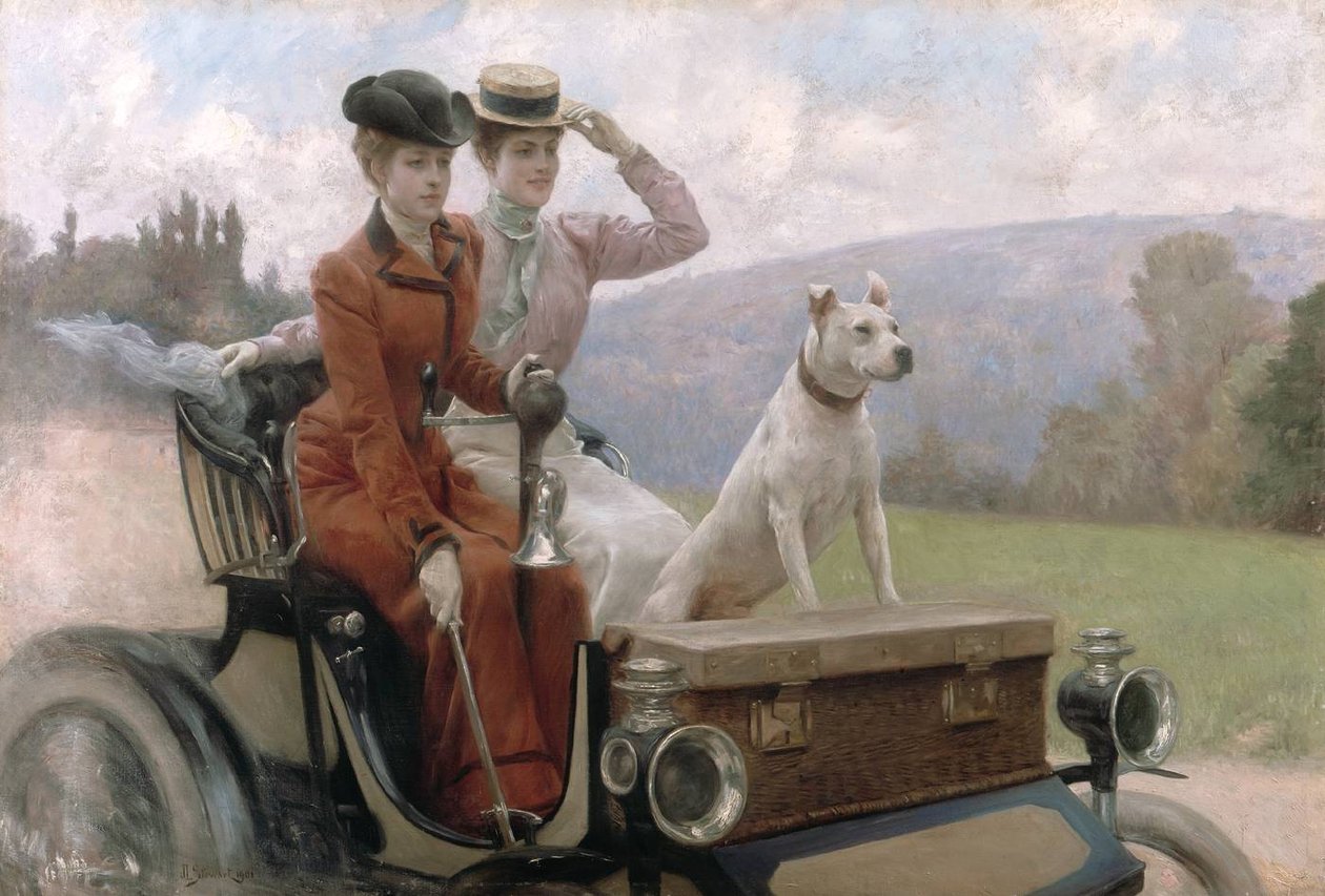 O Goldsmith de senhoras no Bois de Boulogne em 1897 em um carrinho de Julius Leblanc Stewart