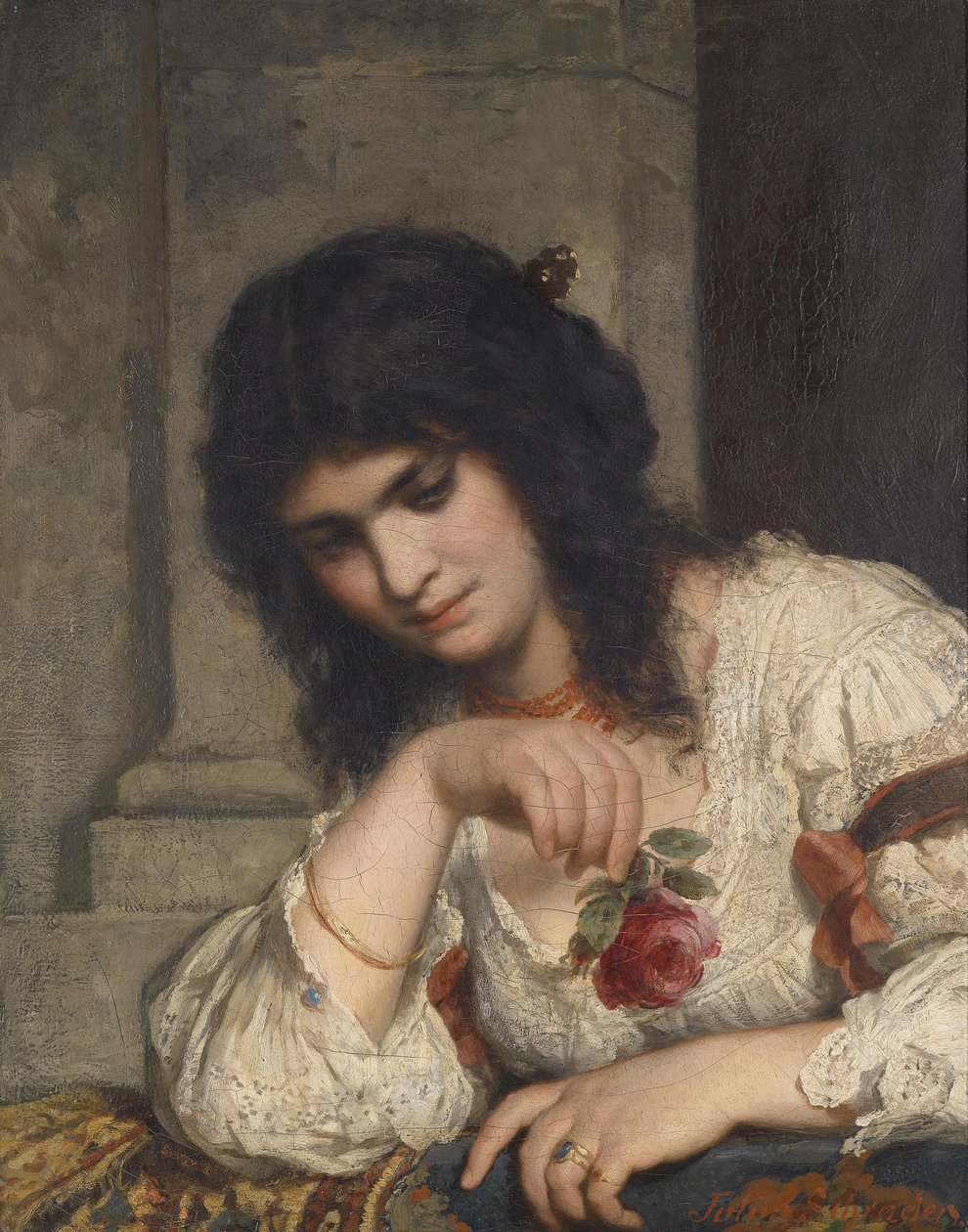 Senhora no parapeito com rosa de Julius Schrader