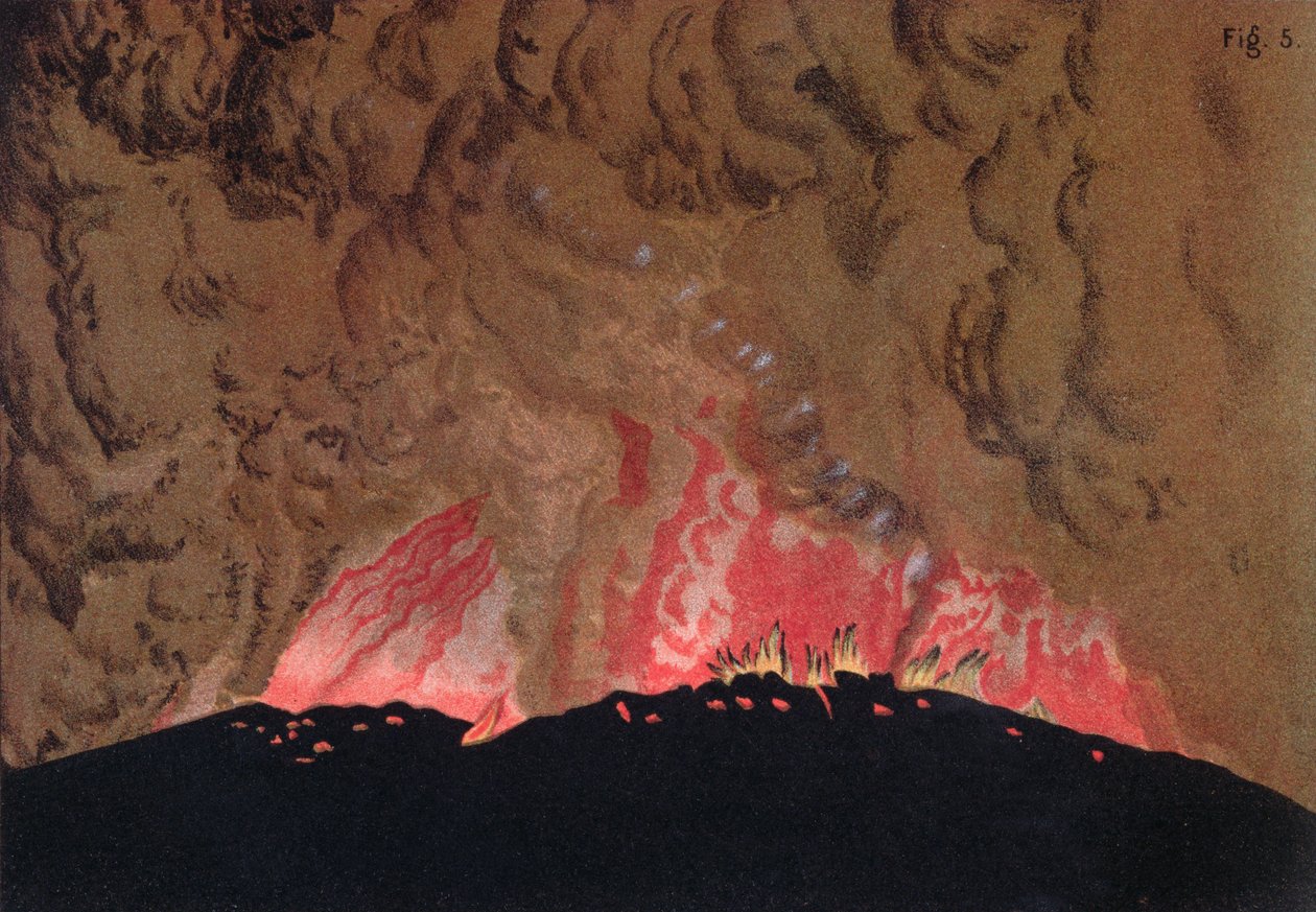 A lava Aphroessa e Georgios flui durante uma erupção do vulcão de Santorini, ilustração de Etudes sur les Volcans pelo artista, gravada por Druck e Arnold, 1881 de Julius or Jules Schmidt