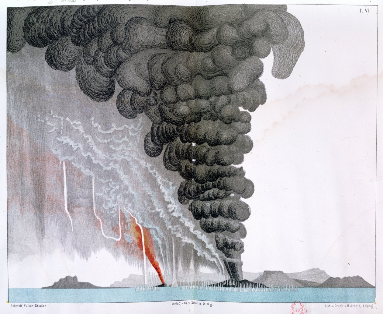 A erupção do vulcão de Santorini, ilustração de "Etudes sur les Volcans" pelo artista, gravada por Druck e Arnold, 1881 de Julius or Jules Schmidt